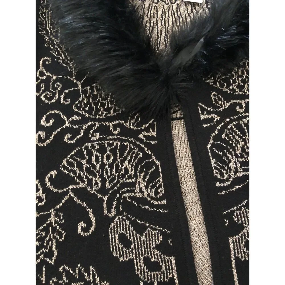 NWT Chicos Faux Fur Collar Lurex Cardigan Sweater Long Black Gold Metallic 0P/ S